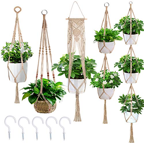 Macrame Hanging Planter Set of 5 Plant Hanger Baskets Handmade Flower Pot Holder for Home Indoor Outdoor Decor with 5 Pcs Ceiling Hooks (Brown)