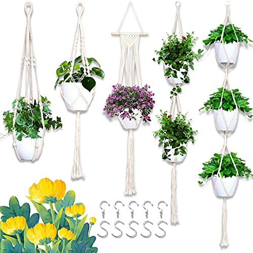 Macrame Plant Hanger Indoor Outdoor Hanging Plant Holders Long Large Plant Hangers Handmade Cotton Rope Planters with 5Pcs Ceiling and S Hooks for Small Plants Flowers Pots Boho Home Decor Set of 5