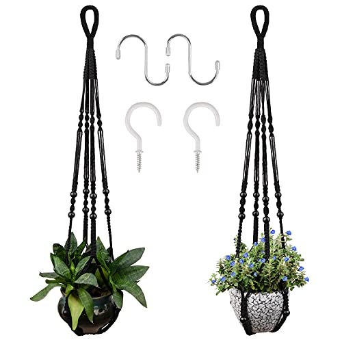 Macrame Plant Hanger for 5 to 10 Inch Plant Pots Set of 2 Indoor Handmade 35 Inch Woven Rope Hanger Kits with Hooks and Wood Beads Hanging Planter Basket Holder for Boho Home Decor (Black 2 Pack)