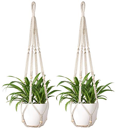 Mkono Macrame Plant Hanger Indoor Hanging Planter Basket with Wood Beads Decorative Flower Pot Holder No Tassels for Indoor Outdoor Boho Home Decor 35 Inch Ivory Set of 2