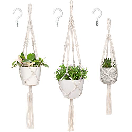 Mkono Macrame Plant Hangers 3 Different Sizes Indoor Hanging Planters Basket Decorative Flower Pots Holder Stand Boho Home Decor Ivory