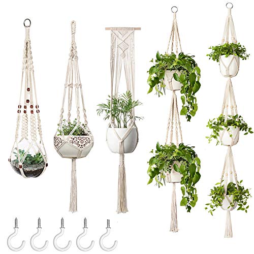 Mkono Macrame Plant Hangers 5 Pack Different Tiers Indoor Hanging Planters Basket with 5 Hooks Decorative Flower Pots Holder Stand Boho Home Decor