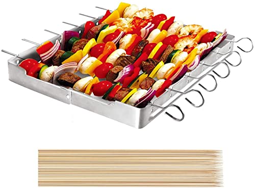 Unicook Heavy Duty Stainless Steel Barbecue Skewer Shish Kabob Set 6pcs 13 L Skewer and Foldable Grill Rack Set Durable and Reusable Bonus of 50pcs 125 L Bamboo Skewers for Party and Cookout