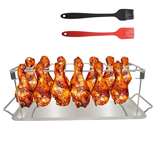 VIKEYHOME Chicken Leg Wing Grill Rack 14 Slots Stainless Steel Metal Roaster Stand with Drip Tray for Smoker Grill or Oven Dishwasher Safe NonStick Great for BBQ PicnicOutdoor Party