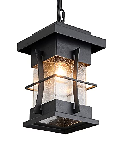 EERU Outdoor Pendant Light Fixture Exterior Hanging Lantern with Adjustable Chain Black Finish with Seeded Glass Outside Lights for House Patio Front Porch Lighting