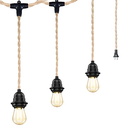 Industrial Triple Ceiling Pendant LightVintage Weatherproof Hanging Light Kit Fixture with Plug in Hemp Rope CordDIY Outdoor Fireproof Chandelier for Garden BackyardLiving Room (UL ListedE26)