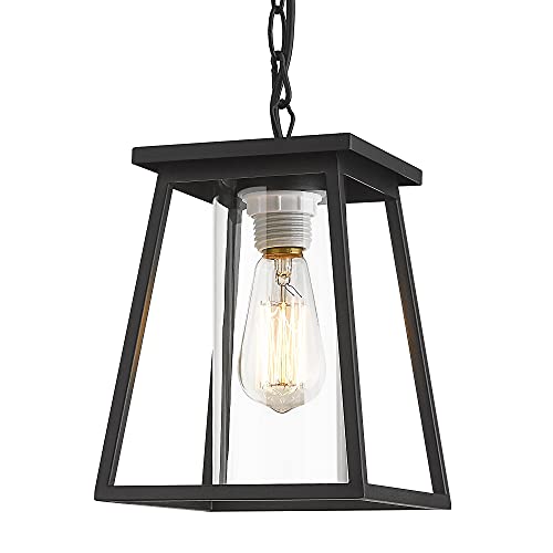 KAUEN Outdoor Pendant Lights for Porch10Inch Exterior Hanging Lantern Outside Chandelier Textured Black Finish WClear Cylindrical Glass  24381H