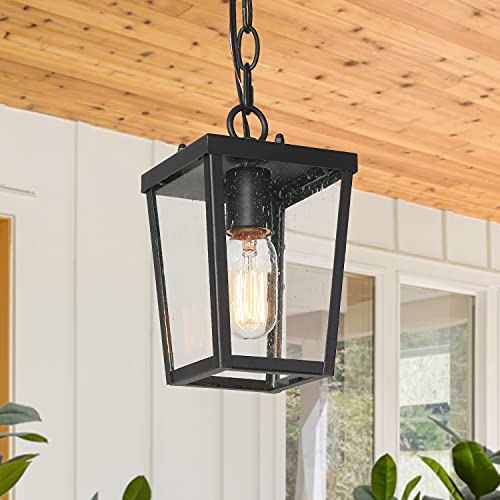 LALUZ Outdoor Chandelier Outdoor Pendant Hanging Lights Exterior Pendant Lighting in Luxury Black with Sturdy Seeded Glass 1Light Outside Pendant Light Fixture for Gazebo Patio Entryway Etc