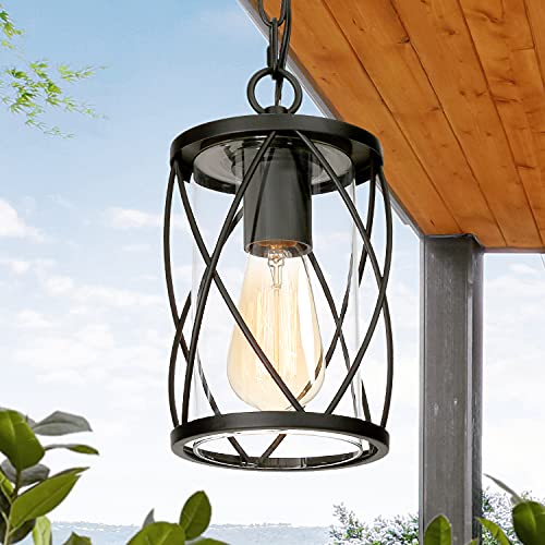 LALUZ Outdoor Hanging Light Fixture Matte Black Exterior Pendant Light AntiRust Outdoor Ceiling Hanging Light with Clear Glass Farmhouse 1Light Outdoor Chandelier for Gazebo Patio Porch 65W