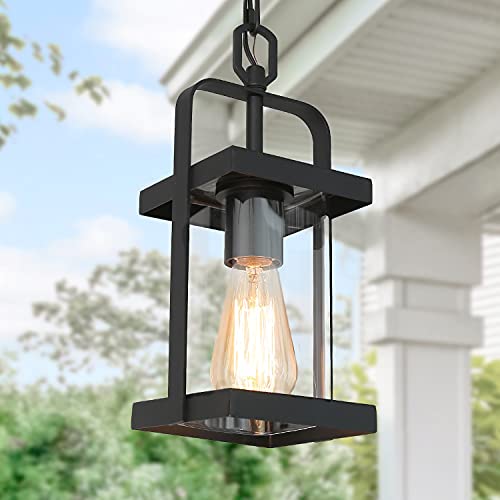 LALUZ Outdoor Pendant Light 1Light Outdoor Chandelier Hanging Light Fixture Matte Black Exterior Ceiling Light with Clear Glass Farmhouse Outdoor Hanging Lantern for Porch Gazebo Patio Max 60W