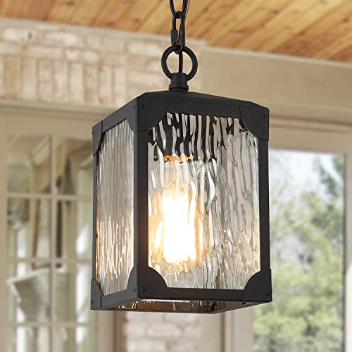 LALUZ Outdoor Pendant Light Fixture Farmhouse Exterior Hanging Light Fixture Outdoor Chandelier with Ripple Glass AntiRust Ceiling Outdoor Light for Porch Gazebo Patio 10 Matte Black