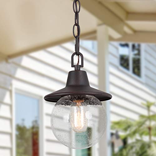 LALUZ Outdoor Pendant Light Outdoor Hanging Lights in Rustic Bronze Finish with Seeded Glass Globe Waterproof Exterior Hanging Lantern Outdoor Chandelier for Gazebo Porch Patio Hallway Entryway