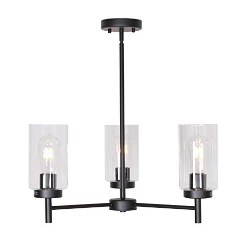 VINLUZ Farmhouse Chandeliers Black 3 Lights with Clear Glass Shades Modern Industrial Pendant Light Dining Room Lighting Fixtures Hanging Adjustable Wire Semi Flush Ceiling Lights