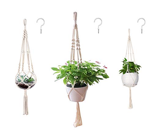 AOMGD 3 Pack Macrame Plant Hanger and 3 PCS Hooks Indoor Outdoor Hanging Plant Holder Hanging Planter Stand Flower Pots for Decorations  Cotton Rope 4 Legs 3 Sizes