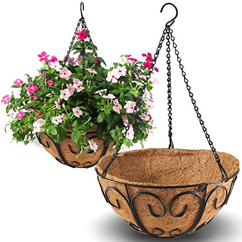 CABASAA 2 Pack Metal Hanging Planter Basket with Coco Coir Liner Chain Round Wire Plant Holder Flower Pots Hanger Garden Decoration Porch Decor Watering Hanging Baskets Indoor Outdoor (12 INCH New)