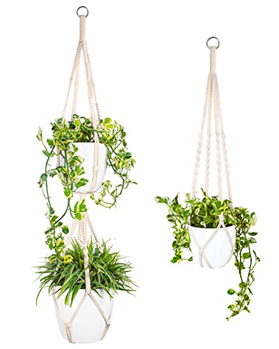 INLI Plant Hangers Indoor Macrame Plant Hangers without Tassels 2x Hanging Macrame Planters Single Tier Plant Macrame Hanger and Double Macrame Plant Hanger Hanging Plant Holders for 510 Planters