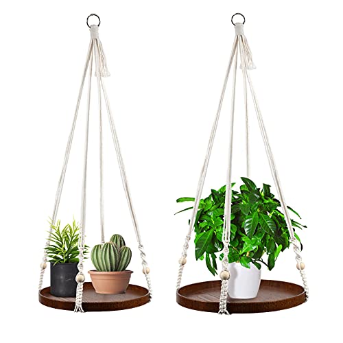 Macrame Plant Hanger  2 Set Indoor Hanging Planter Shelf  Hanging Planter Rack Decorative Flower Pot Holder  Handmade Cotton Plant Hangers with Wood Tray Boho Home Decor