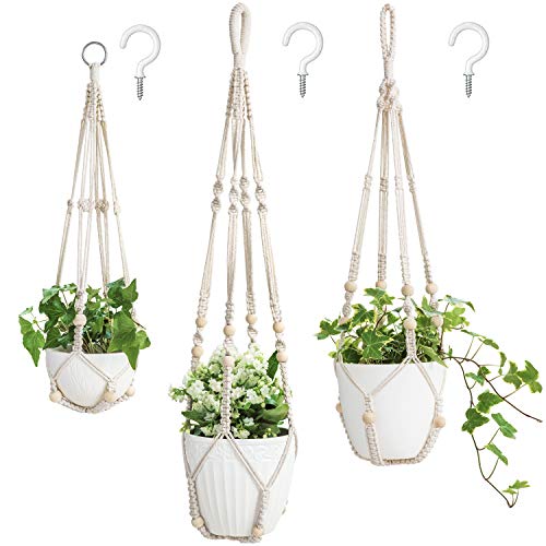 Mkono 3 Pack Macrame Plant Hangers Indoor Different Size Hanging Planter Basket Flower Pot Holder with Beads No Tassels Medium Ivory