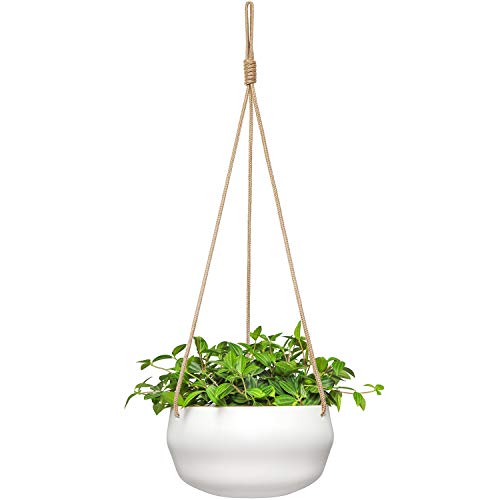 Mkono 8 Inch Ceramic Hanging Planter for Indoor Plants Modern Outdoor Porcelain Hanging Plant Holder Geometric Flower Pot with Polyester Rope Hanger for Herbs Ferns Ivy White