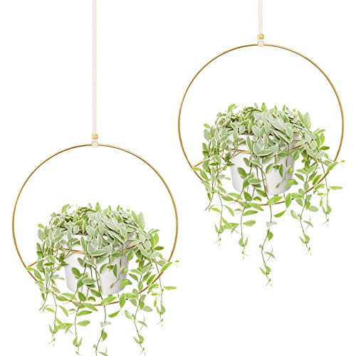 Mkono Boho Hanging Planter Set of 2 Round Metal Plant Hanger with Plastic Plant Pot Modern Wall and Ceiling Planter Mid Century Flower Pot Holder Fits 6 Inch Planter (Plastic Pots Included) Gold