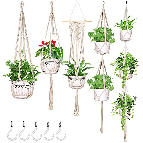OurWarm 5 Pack Macrame Plant Hanger Hanging Planters with 5 Hooks Handmade Cotton Rope Hanging Plant Decorative Flower Pot Holder for Indoor Outdoor Boho Home Decor Different Tiers (5 Sizes)