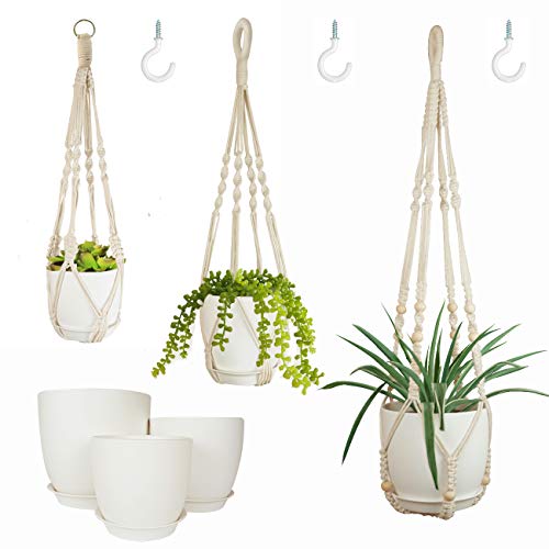 Bouqlife Macrame Plant Hangers with Pots Included No Tassel Set of 3 Indoor Hanging Planters Holder with Trays  Hooks 34  26  20