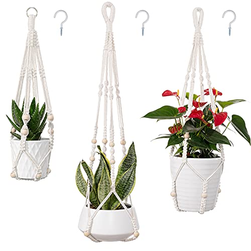 joybest 3Pack Macrame Plant Hanger with 3 Hooks Beige Indoor Outdoor Hanging Planters Set Hanging Plant Holder Stand Flower Pots with Beads No Tasselss (Cotton Rope 4 Legs 3 Sizes)
