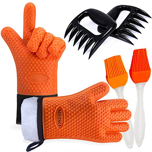 BBQ Grilling Gloves and Meat Claws Meiso Silicone Gloves Heat Resistant Oven Mitts Waterproof Nonslip Potholder with Extended Forearm Protection Internal Cotton Layer for Barbecue Cooking Baking