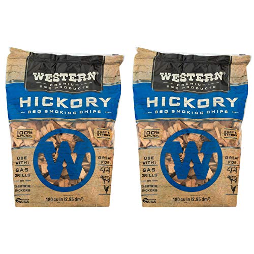 WESTERN Premium BBQ 180 Cubic Inch Hickory Barbecue Flavorful Heat Treated Grilling Smoking Wood Chips for Charcoal Gas and Electric Grills (2 Pack)