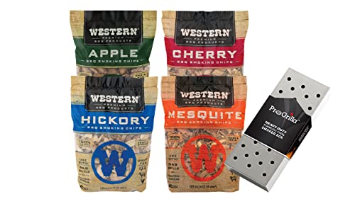 Western BBQ Premium‎ Wood Smoking Chips Variety (Pack of 4) Bundled with a Smoker Box