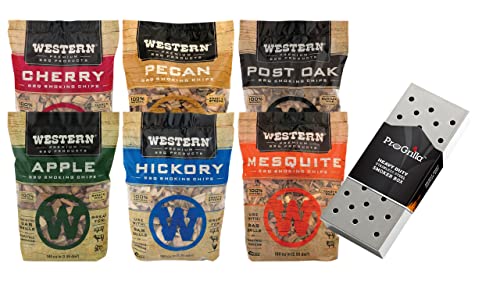 Western BBQ Premium‎ Wood Smoking Chips Variety (Pack of 6) Bundled with ProGrilla Smoker Box