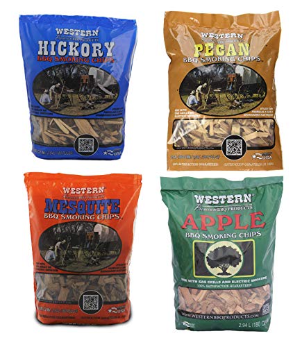 Western BBQ Smoking Wood Chips Variety Pack Bundle (4) Apple Hickory Mesquite and Pecan Flavors