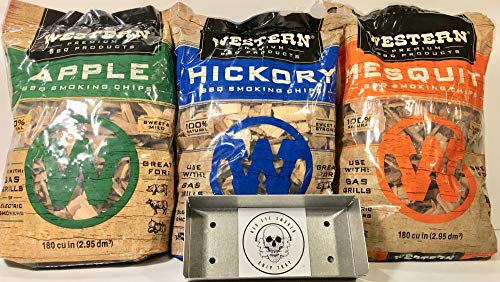 Western Perfect BBQ Smoking Wood Chips Variety Pack  Bundle (3)  Most Popular Flavors  Apple Hickory  Mesquite wFree Genuine Red Eye Smoker Chip Tray and Cool Sticker