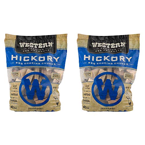 Western Premium BBQ 570 Cubic Inch Flavorful Heat Treated Hickory Barbecue Smoking Cooking Wood Chunks for Charcoal Gas and Electric Grills (2 Pack)