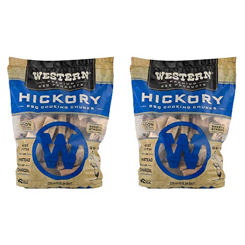 Western Premium BBQ 570 Cubic Inch Flavorful Heat Treated Hickory Barbecue Smoking Cooking Wood Chunks for Charcoal Gas and Electric Grills (2 Pack)