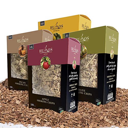 HUMOS Smoking Wood Chips Variety Pack Bundle (4 un) Apple Mesquite Pecan  Olive for Any Grill BBQ Kamado Kettle Gas Grill