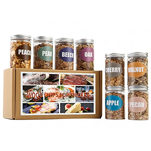 Natual Wood Chips for Smoker (8 Gift Pack  Apple Cherry Oak Pecan Pear Peach Walnut Beech) 8 OZ Each Smoker Woodchips for Smoking Gun and BBQ Great for Beef Pork Chicken Fish and Whisky
