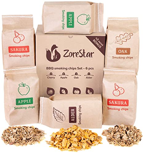 Zorestar Wood Chips for Smokers  6 pcs Variety Pack of Oak  Alder  Cherry  Apple Chips for Smoking and Grilling  Bonus eBook