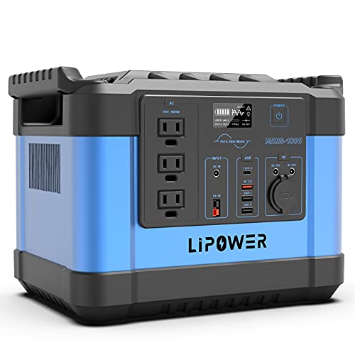 Portable Power Station 1000W(1100Wh) LIPOWER Solar Generator Backup Power Supply for Home Outdoors Camping Travel Emergency Battery with 3 110V Pure Sine Wave AC Outlet (Blue)