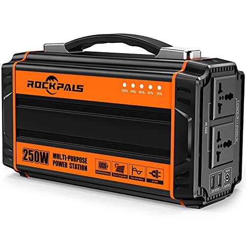 ROCKPALS 250Watt Portable Generator Rechargeable Lithium Battery Pack Solar Generator with 110V AC Outlet 12V Car USB Output Offgrid Power Supply for CPAP Backup Camping Emergency