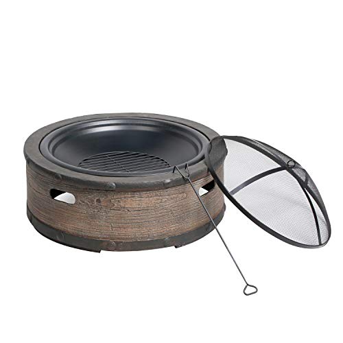 Sun Joe SJFP35STNBRL 35in Cast Stone Base Wood Burning Fire Pit wDome Screen and Poker Rustic Barrel