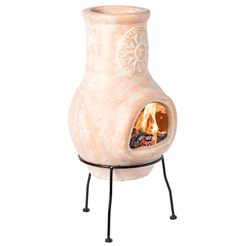 Vintiquewise QI003973 Stand Outdoor Clay Chiminea Sun Design Charcoal Burning Fire Pit with Metal Beige