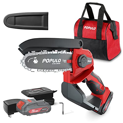 POPULO Mini Chainsaw Cordless 5inch Small Chainsaw 20v Lithium Powered Wood Cutter Rechargeable Mini Flex Saw for Trees OneHand Handheld Chainsaw with Battery and Charger