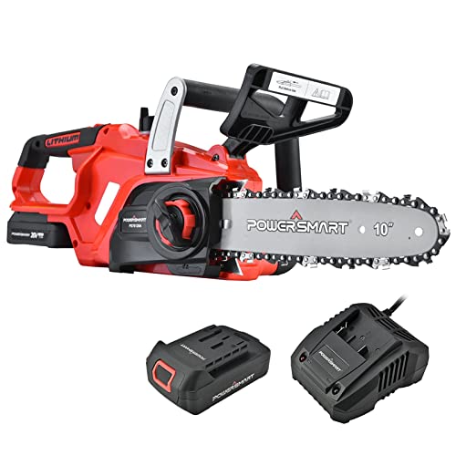 PowerSmart Electric Chainsaw Battery Powered 20V Cordless Chain Saw With 10 Inch Chain and Bar Electric Saw With 15Ah Battery And Fast Charger Included Power Chain Saw For Tree Wood Garden Cutting