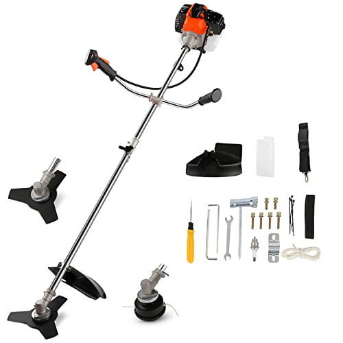 427CC String Trimmer 2in1 Gas Powered Weed Eater 18 Inch Straight Shaft Brush Cutter with 2 Detachable Heads for Lawn and Garden CareOrange