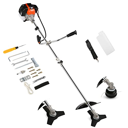 Homdox 427CC Gas String Trimmer 2Cycle Gas Brush Cutter Straight Shaft 2 in 1 Cordless Grass Edger Weed Wacker Gasoline Powered Weed Eater with 2 Detachable Heads for Lawn and Garden Care (Orange)