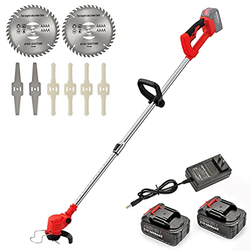 MAXMAN Cordless Weed Eater21V Stringless Weed Wacker with 3 Types Blades Weed Trimmer Brush Cutter for Lawn Garden Pruning and Trimming 2Pcs 21V 4Ah Batteries and Charger Included Lightweight Red