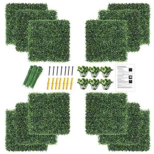 KASZOO 12Pack 20x20 Artificial Boxwood Grass Backdrop Panels Topiary Hedge Plant UV Protected Privacy Hedge Screen Faux Boxwood for OutdoorIndoorGardenFenceBackyardGreenery Walls