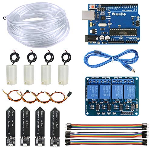 WayinTop Upgrade Automatic Irrigation DIY Kit Self Watering System for Garden Plant Development Board  4pcs Soil Moisture Sensor  4 Channel Relay  4pcs Water Pump  5M Vinyl Tubing  Jumper Wire