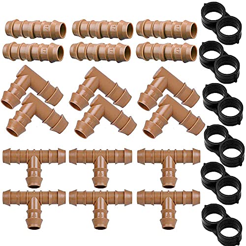 Jayee 24P Drip Irrigation Fittings Kit for 12 Tubing (600 ID) 17mm Parts 6 Tees 6 Couplings 6 Elbows6 End Cap Plugs Barded Connectors for Rain Bird Pipe and Sprinkler Systems (24 Pieces Set)